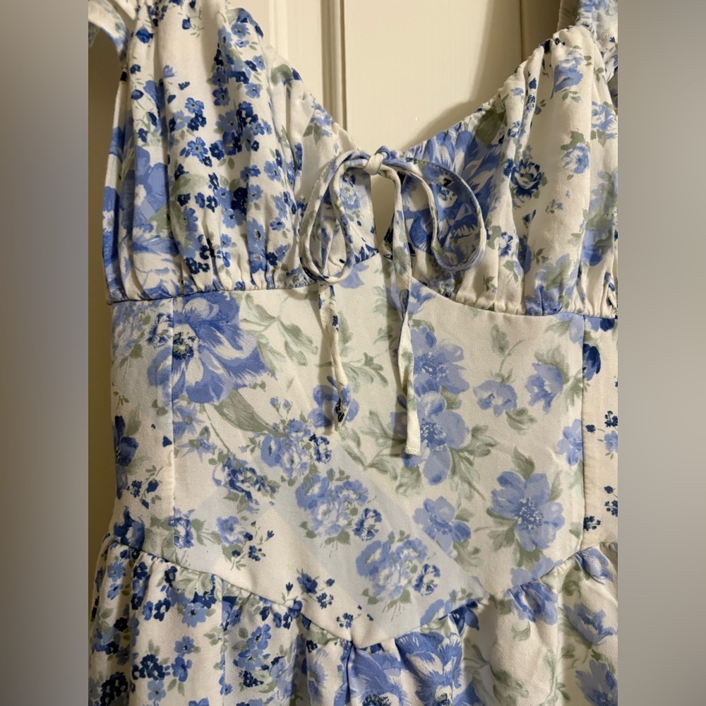 Hollister Blue Floral Ruffle Mini Dress S Cottagecore Coastal Tie Back - Picture 5 of 8